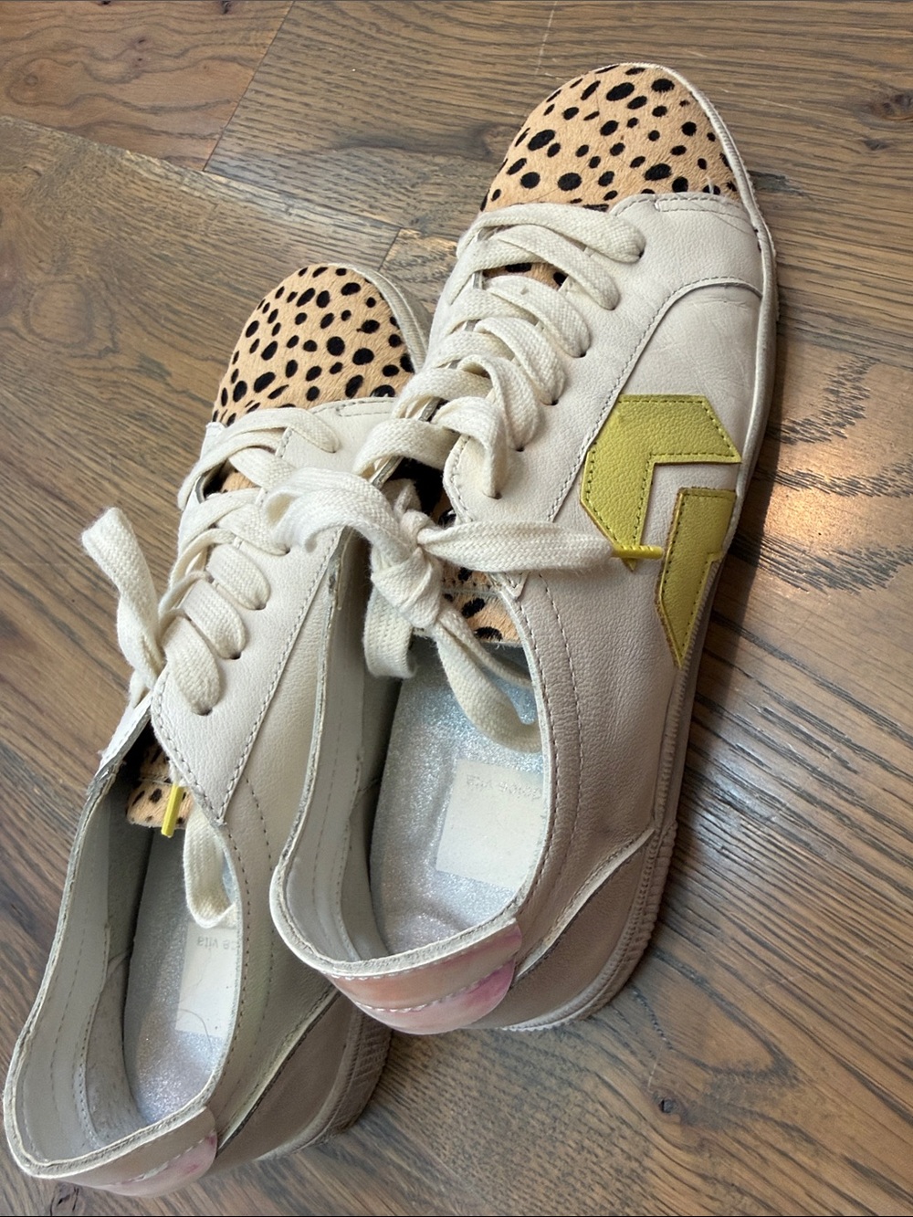 Dolce Vita Cream Leather Sneakers with Leopard Toe and Yellow Logo